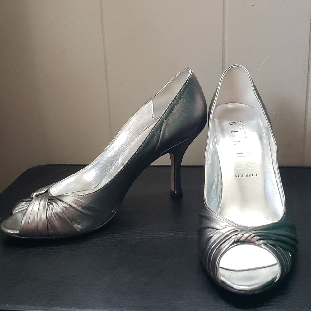 Something Bleu Bridal Pewter Silver Metallic Knot Open Toe Heels Women's…